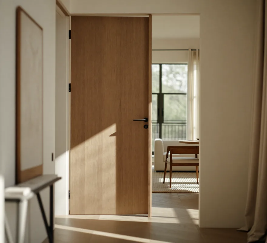 Porta de madeira em destaque em ambiente residencial com luz natural